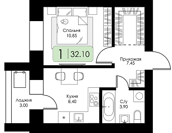 Однокомнатная квартира № 177 