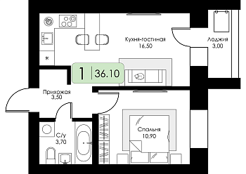 Однокомнатная квартира № 107 
