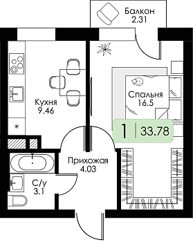 Однокомнатная квартира № 6